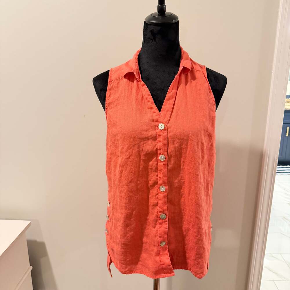 J. Jill Love Linen Sleeveless Tunic Shirt Coral Pink Orange Button Side XS Boho